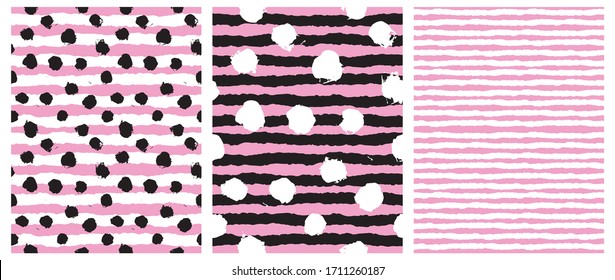 Simple Dots and Stripes Seamless Vector Patterns.White and Black Hand Drawn Brush Dots Isolated on a  Black-Pink Striped Background. Irregular Geometric Repeatable Print. White Stripes on a Pink. 