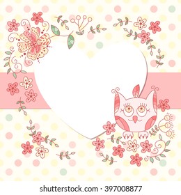 Simple dotted heart photo frame. Cute scrapbook page. Baby shower card. Cute vector owl photo frame.