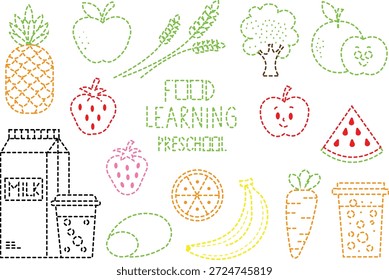 Simple dotted outline illustrations of various healthy food items perfect for preschool tracing activities