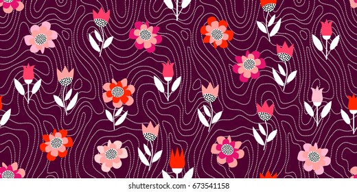 Simple dotted pattern. Floral print with geometric elements. Seamless vector background inspired by 1960s textile design. Poppies and tulips on purple.