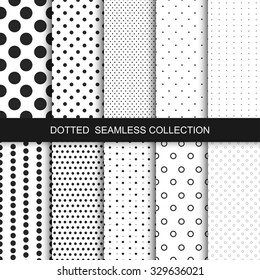 Simple dotted patterns. Seamless vector collection. Black and white texture.