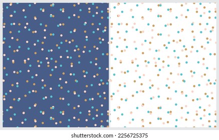 Simple Dotted Seamless Vector Patterns. Light Pink, Blue and Gold Dots Isolated on a Dark Blue and White Background. Polka Dots Print. Cute Abstract Geometric Repeatable Print with Tiny Spots.