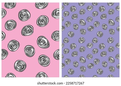 Simple Dotted Seamless Vector Patterns. Black and White Circles Isolated on a Pink and Violet Background. Swirls Print. Cute Abstract Geometric Repeatable Print with Dots and Spots.