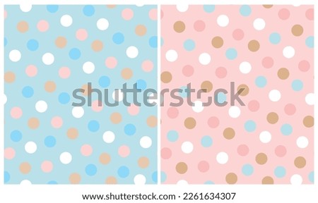 Simple Dotted Seamless Vector Patterns. Colorful Dots Isolated on a Pastel Pink and Light Blue Background. Polka Dots Print. Cute Simple Abstract Repeatable Print with Spots ideal for Fabric.