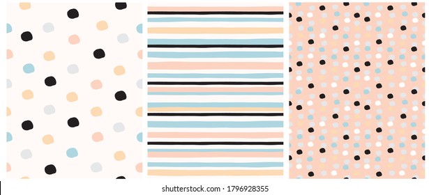 Simple Dotted and Striped Vector Seamless Patterns. Yellow, Pink, Black and White Dots and Stripes on a Light Cream and Salmon Pink Background. Cute Geometric Irregular Vector Print.