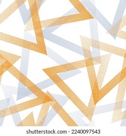 Simple dotwork triangles vector seamless pattern. Geometric repeat background with dots texture. Gradient triangles of halftone dots seamless ornament. Wrapping paper.