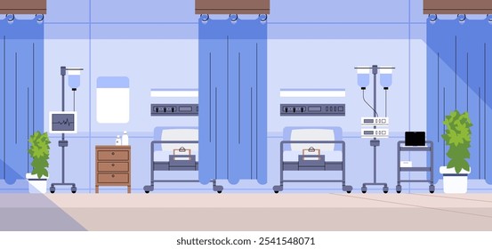 Einfaches Krankenhauszimmer mit zwei Klinikbetten. Medizinische Innenausstattung flach, Vektorgrafik