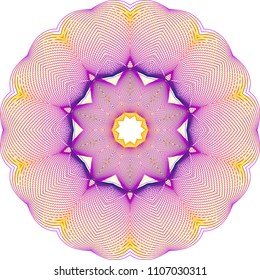 Simple double layered guilloche rosette with concentric floral forms in deep purple, hot pink and bright yellow hues.