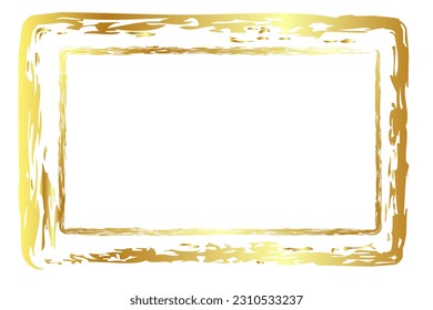 simple double line rectangle frame from gold golden crayon, at white background
