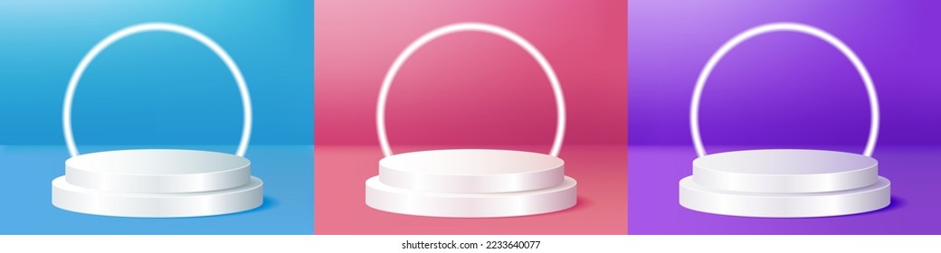 Simple Double Stacked Podium with Ring Light in Blue, Magenta, Purple studio