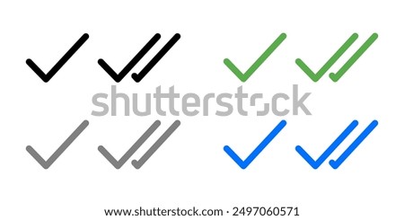 Simple double tick sign. Read message icon. Viewed message symbol. Blue and green checkmark illustration.