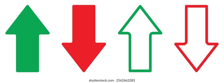 Simple up and down arrows green and red color isolated on a white background. Up and down arrow icons. Stock market graph up and down green and red color flat and outline style. Vector illustration.