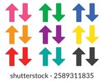 Simple up and down arrows. Upward, downward arrows in green and red isolated on white background, set of two. Vector illustration. EPS 10