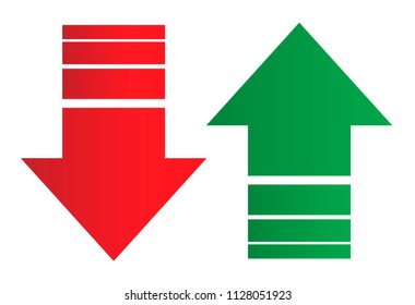 Simple up and down arrows. Upward, downward arrows in green and red isolated on white background, set of two. Flat style eps 10 vector illustration.