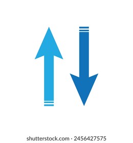 Simple up and down arrows. Upward, downward arrows in blue isolated on white background, set of two. Flat style eps 10 vector illustration.