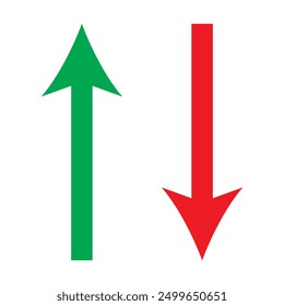 Simple up and down arrows. Upward, downward arrows in green and red isolated on white background, set of two. Flat style eps 10 vector illustration.