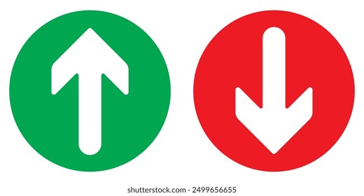 Simple up and down arrows. Upward, downward arrows in green and red isolated on white background, set of two. Vector illustration. EPS 10