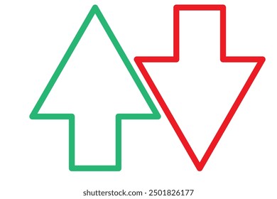Simple up and down arrows. Upward, downward arrows in green and red isolated on white background, set of two. Flat style eps 10 vector illustration.