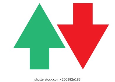 Simple up and down arrows. Upward, downward arrows in green and red isolated on white background, set of two. Flat style eps 10 vector illustration.