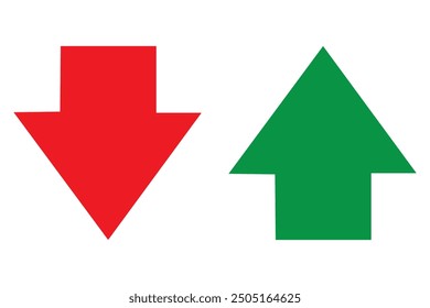 Simple up and down arrows. Upward, downward arrows in green and red isolated on white background, set of two. 