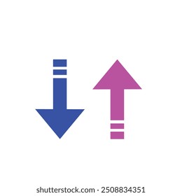Simple up and down arrows. Upward, downward arrows isolated on background, set of two. Vector Illustration.