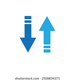 Simple up and down arrows. Upward, downward arrows isolated on background, set of two. Vector Illustration.