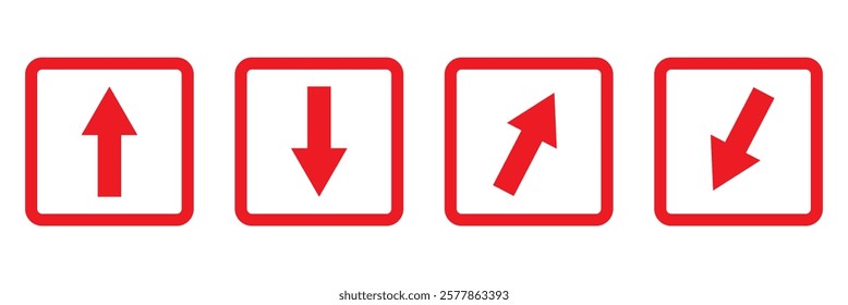 Simple up and down arrows. Upward, downward arrows in green and red isolated on white background, set of two. Vector illustration. EPS 10
