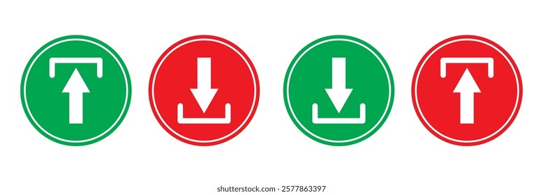 Simple up and down arrows. Upward, downward arrows in green and red isolated on white background, set of two. Vector illustration. EPS 10
