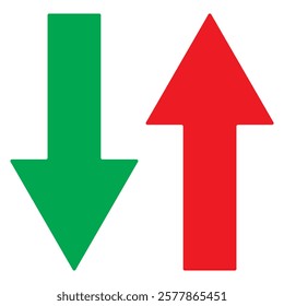 Simple up and down arrows. Upward, downward arrows in green and red isolated on white background, set of two. Vector illustration. EPS 10