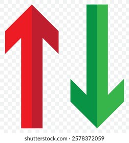 Simple up and down arrows. Upward, downward arrows in green and red isolated on white background, set of two. Vector illustration. Eps 10.