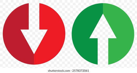 Simple up and down arrows. Upward, downward arrows in green and red isolated on white background, set of two. Vector illustration. Eps 10.