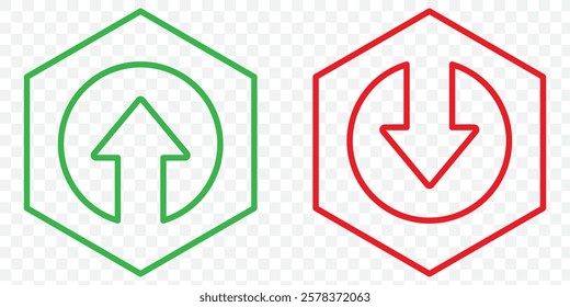 Simple up and down arrows. Upward, downward arrows in green and red isolated on white background, set of two. Vector illustration. Eps 10.