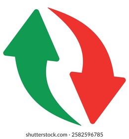 Simple up and down arrows. Upward, downward arrows in green and red isolated on white background, set of two. Vector illustration