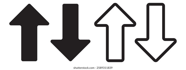 Simple up and down arrows. Upward, downward arrows in green and red isolated on white background, set of two. Vector illustration. EPS 10