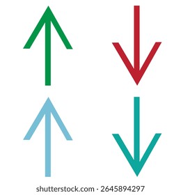 Setas simples para cima e para baixo. Setas para cima e para baixo em verde e vermelho , azul e verde isoladas no fundo branco, conjunto de quatro . Ilustração vetorial 