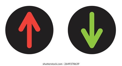 Simple up and down arrows. Upward, downward arrows in green and red isolated on white background, set of two. Vector illustration. EPS 10