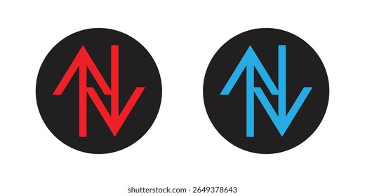 Simple up and down arrows. Upward, downward arrows in green and red isolated on white background, set of two. Vector illustration. EPS 10