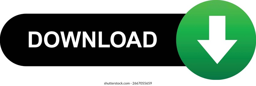 Un Botón de Descarga simple con un rectángulo redondeado negro y un círculo verde con una flecha blanca apuntando hacia abajo. Perfecto para el Web y el diseño App.