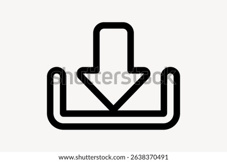 Simple download icon with an arrow pointing downwards into a tray. The download arrow symbolizes downloading files. Minimalist download icon design. User interface icon vector.