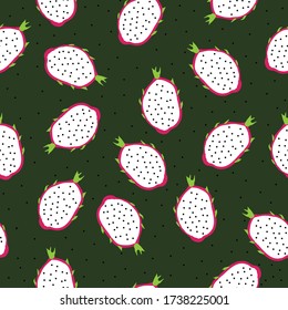 Simple dragon fruit pattern. Green background, ripe dragon fruit. The print is well suited for textiles, Wallpaper and packaging.