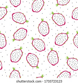 Simple dragon fruit pattern. White background, ripe dragon fruit, black dots. The print is well suited for textiles, Wallpaper and packaging.