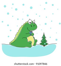 simple dragon with gift and christmas tree