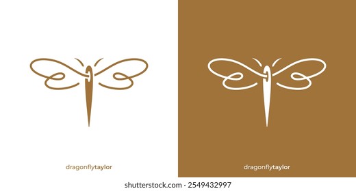 Logotipo simples de libélula Taylor. Agulha de costura e ícone de libélula gráfico com contorno linear. Logotipo, Ícone, Símbolo, Vetor, Modelo de design Taylor.