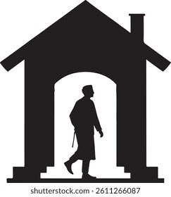 A simple, dramatic silhouette of a person walking through the doorway of a small house.