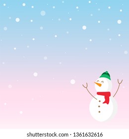 Simple draw snowman cartoon vector illustration design on sweet light pink and blue sky background. Happy ice man for Christmas holiday and winter season.