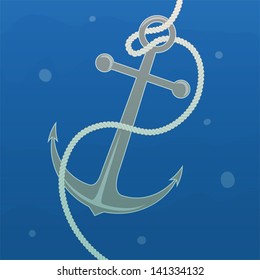 Simple drawing of an anchor with a rope underwater. Vector illustration.