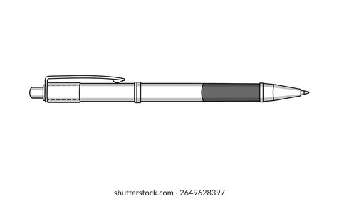 A simple drawing of a ballpoint pen with a transparent barrel and a dark grip section for comfortable writing and drawing