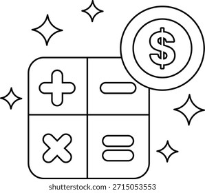 Um desenho simples de uma calculadora com um cifrão no topo. A calculadora é preto e branco, e o sinal de cifrão é colocado sobre ela. Conceito de dinheiro e cálculos