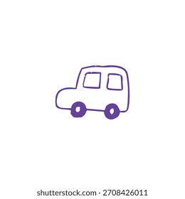 A simple drawing of a car is presented on a white background in violet ink.