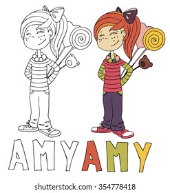 the simple drawing cartoon and with color of the image of children with different names in the compatibility with the character